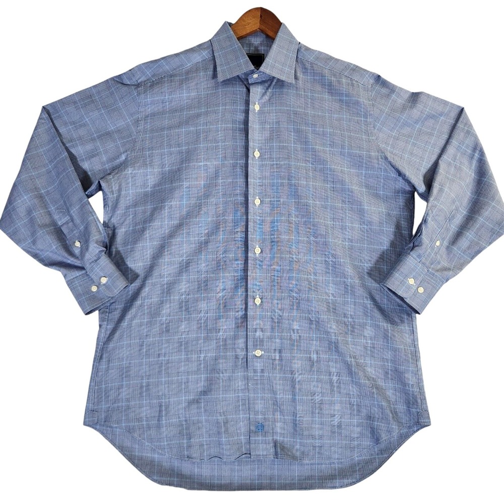 David Donahue Houndstooth Dress Shirt Men's 16 32/33 Blue Plaid Button Up